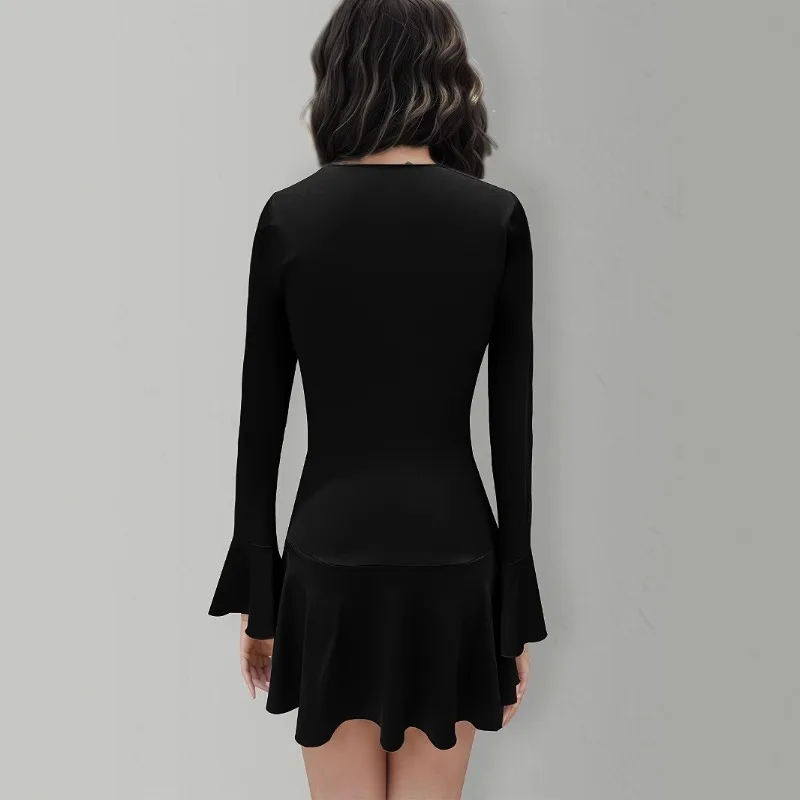 2025 Spring New Temperament Casual Women's New Deep V-Neck Low Cut Long Sleeve Ruffles Slim Temperament Dress Short Skirt