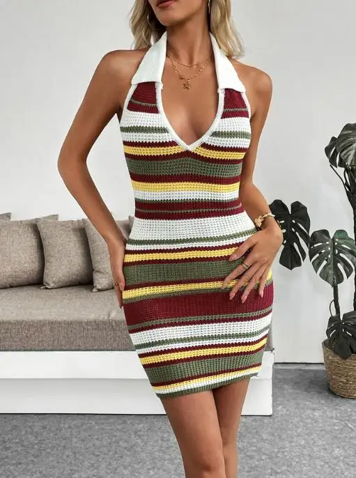 

Womens Dresses 2025 Summer New Party Date Simple Retro Style Slim Fit Hanging Neck Striped Casual Backless Knit Mini Dress