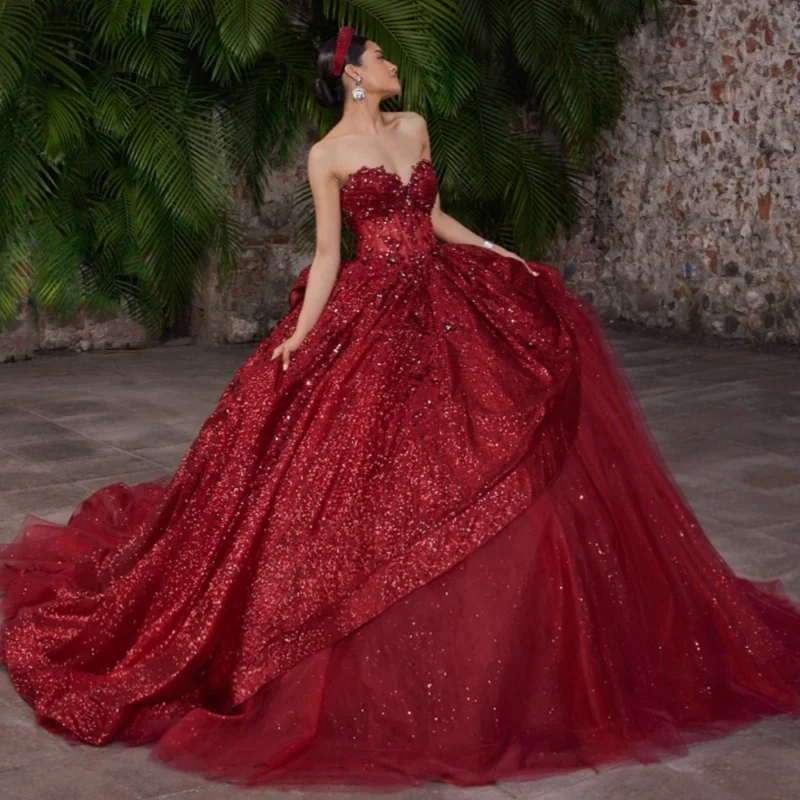 

Shiny Red Quinceanera Dresses Off the Shoulder Glitter Crystal Decal Layering Long tail Bow Vestidoe 15 Quinceanera Customize