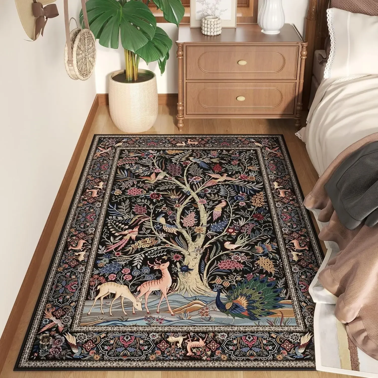 Tree of Life Rug, Black Base Wildlife Botanical Boho Home Design, Non-Slip Washable Mat for Bedroom Lounge Game Room Decor