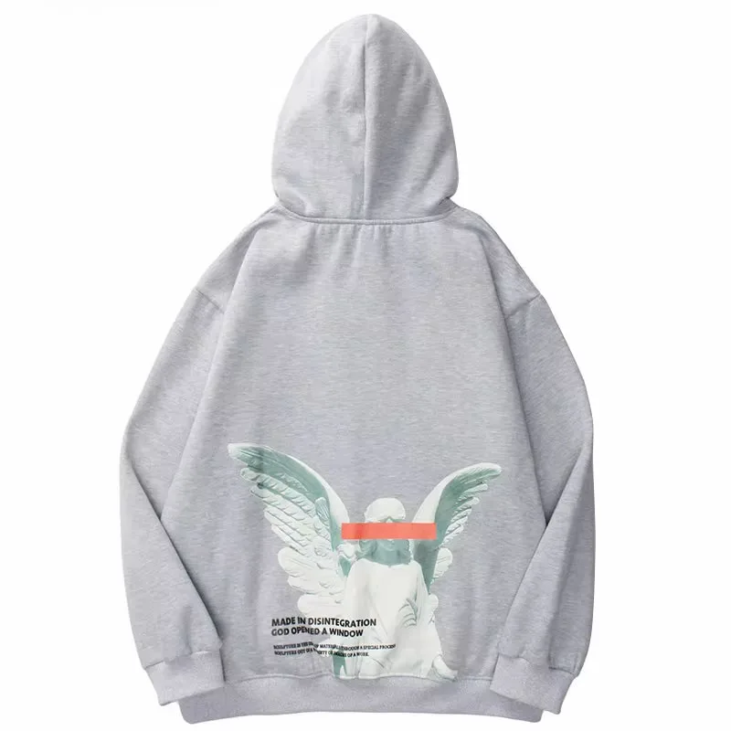 Mens 2024 Hip Hop Streetwear Harajuku Pullover Angel God Printed Hoodie Pocket Cotton Fleece Pullover Grey Hooded Sweatshirt