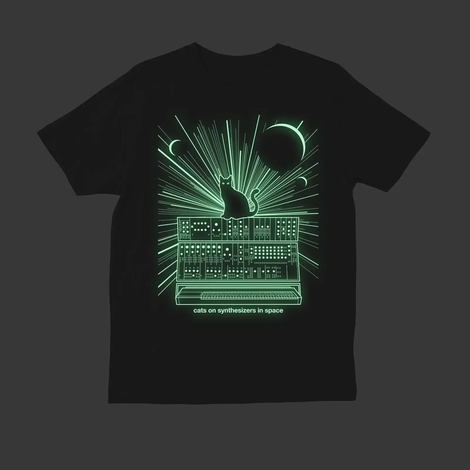 Cats On Synthesizers In Space Glow The Dark T Shirt vintage Washed Stylish Unisex Slightly Stretched designer clothes