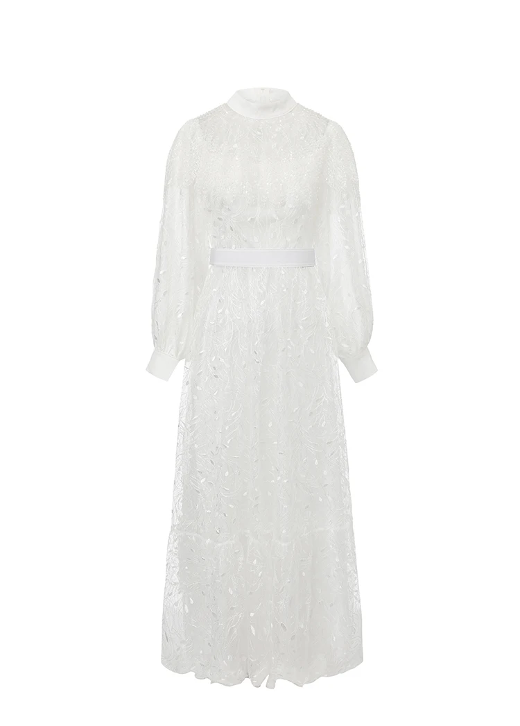 

Luxury Sequins Women's Evening Prom Dress Stand Collar Long Sleeve Elegant High Waist Lace Embroidery Slim Fit Banquet Gown