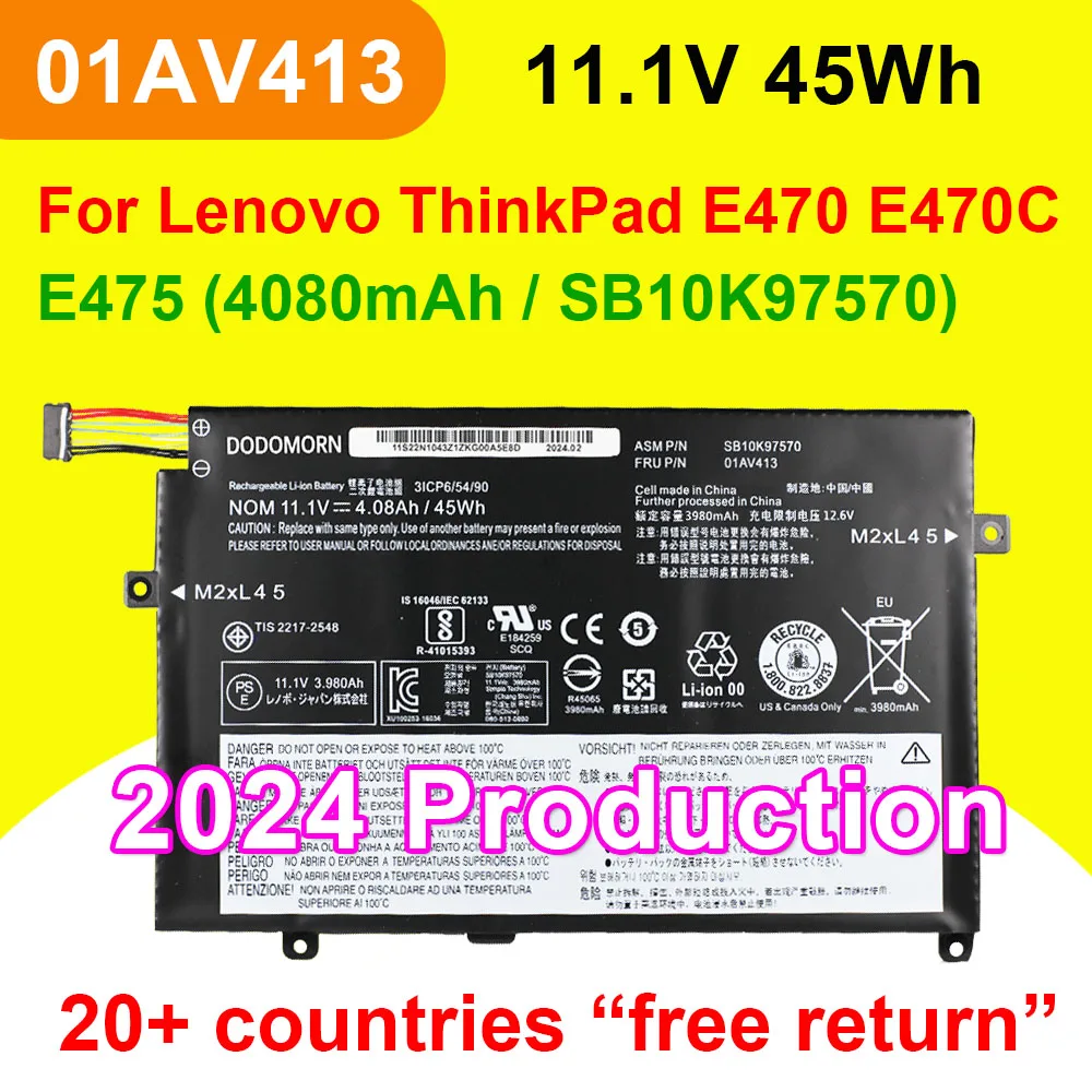 

Аккумулятор 01AV413 для ноутбука Lenovo ThinkPad E470 E470C E475 Series 01AV411 01AV412 SB10K97569 SB10K97570 4080 мАч 11,1 В 45 Вт/ч