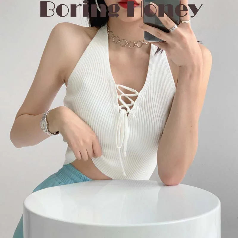 

Boring Honey Halter Sling Vest Tops Women Summer And Summer Korean Style V-Neck Lacing Sexy Short Slim Basic Women's Clothes