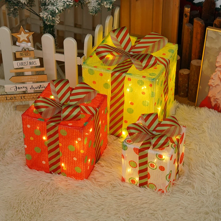 Cross border new Christmas gift box three piece set folding luminous light string holiday props gift box decoration light
