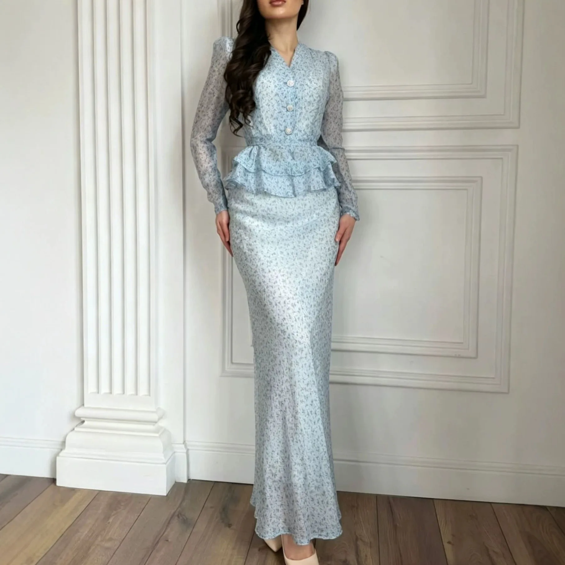 Damen 2-teiliges Set: Langärmliges Oberteil mit Rüschen und V-Ausschnitt, Meerjungfrauenrock mit Print, Y2K Streetwear, elegant, zum Schnüren, 2026