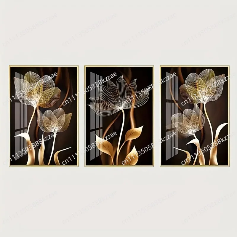 3 Black Gold Floral Modern Wall Art - Living Room Decor Framed Canvas Painting