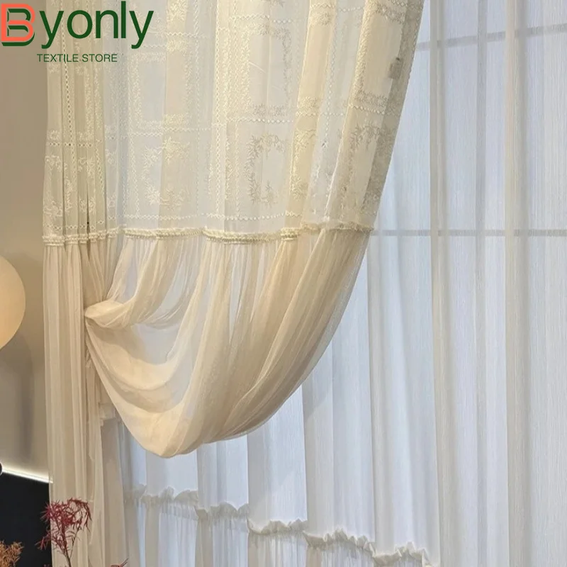 French Embroidery Mesh Curtain with Hollow Diamond Embroidery Pearl Lace Window Screen Living Room Bedroom Partition Curtain