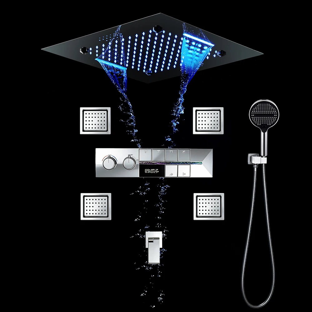 Qlonn Chrome Shower System Bathroom Faucet Set 20 Inch LED Music Shower Head with Smart Diverter Thermostat Mixer and Body Jet