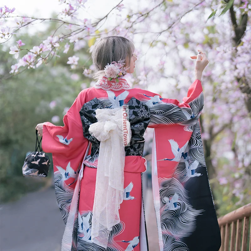 Japanese Standard Traditional Peach Kimono Women Printing Improved Clothing Crane Pattern Large Sleeves Ethnic Attire Girl FE029