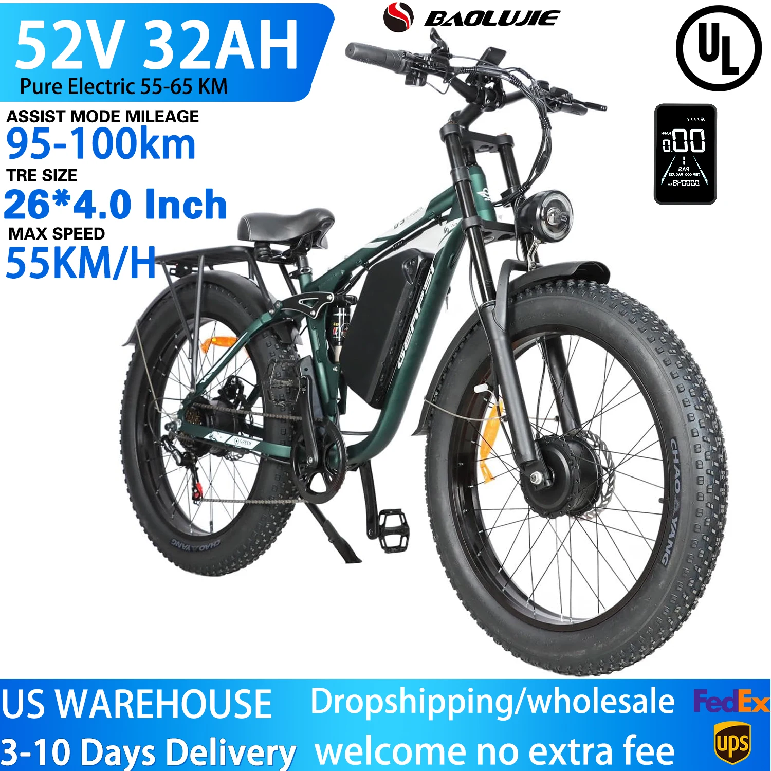 

BAOLUJIE 3000W Electric Bikes for Adults Electric Dirt E Bike 26*4 Fat Tire Bicycle 52V 32AH Removable Battery Dual Motor Ebike