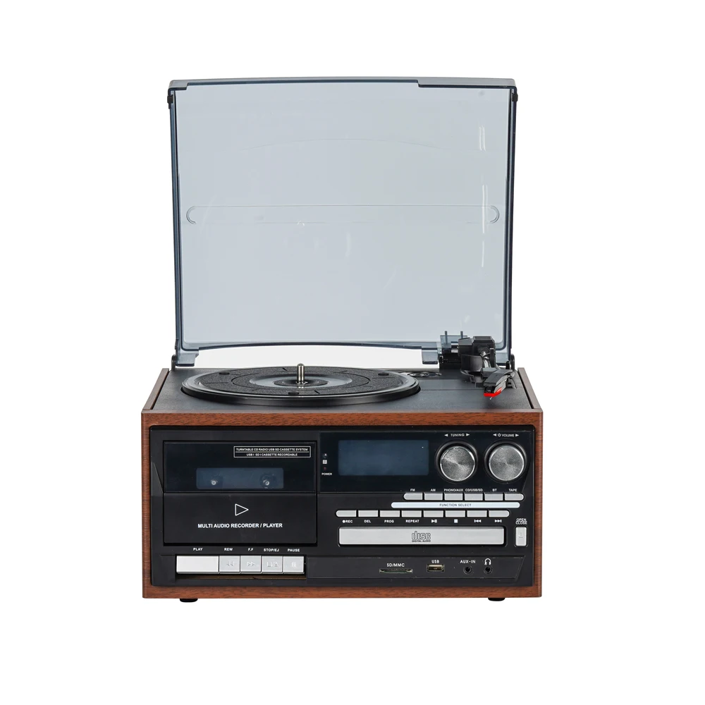 Bulk Price Wooden 9 in One LP Record Player USB CD Tape AM FM Radio Phonograph Blue Tooth Vinyl Turntable With Speakers