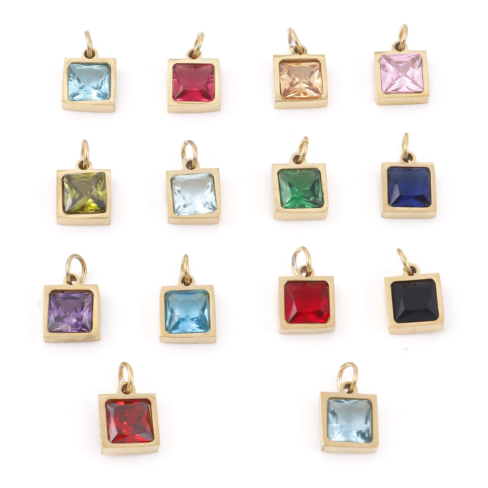 1PC Stainless Steel Charms Gold Color Square Multicolour Cubic Zirconia Pendant DIY Necklace Women Jewelry Findings 13mm x 8mm