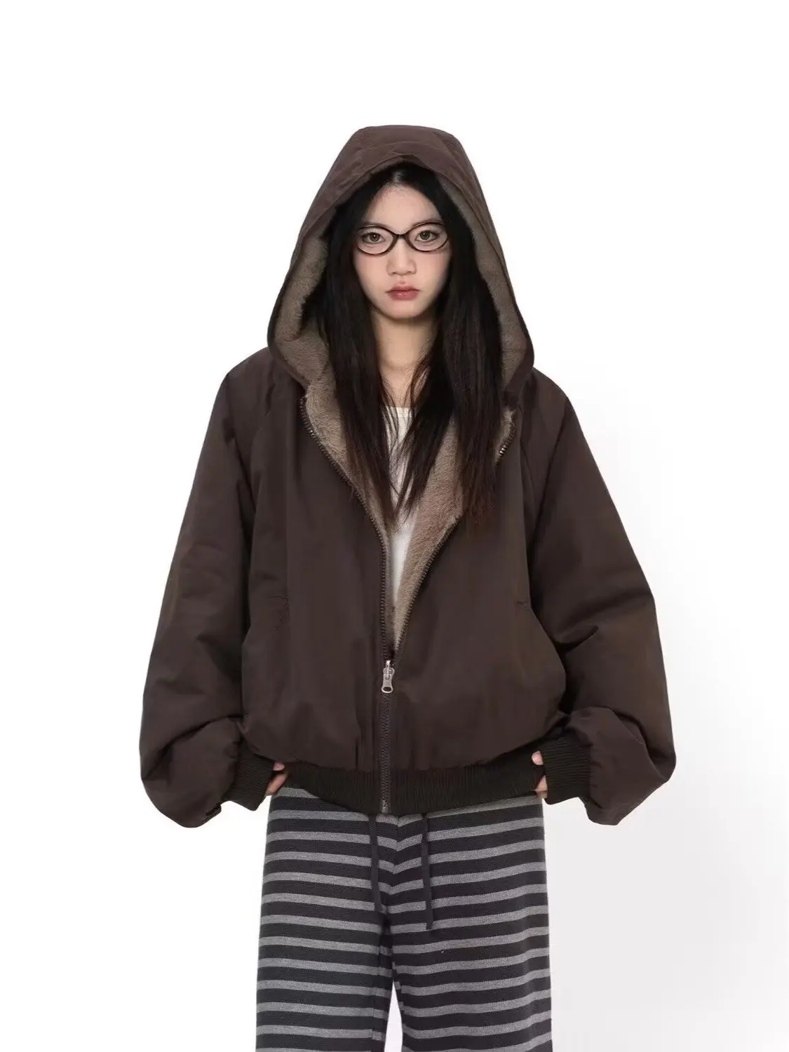 

Утепленная зимняя куртка из овечьего флиса с капюшоном, свободного кроя, для пар, с длинными рукавами, на молнии, стандартной длины, в повседневном стиле