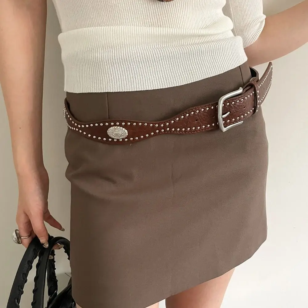 

Retro Maillard Women Rivet Belt Y2k Metal Buckle Wide Leather Waistband Vintage Jeans Girdle Punk Style Belt Men