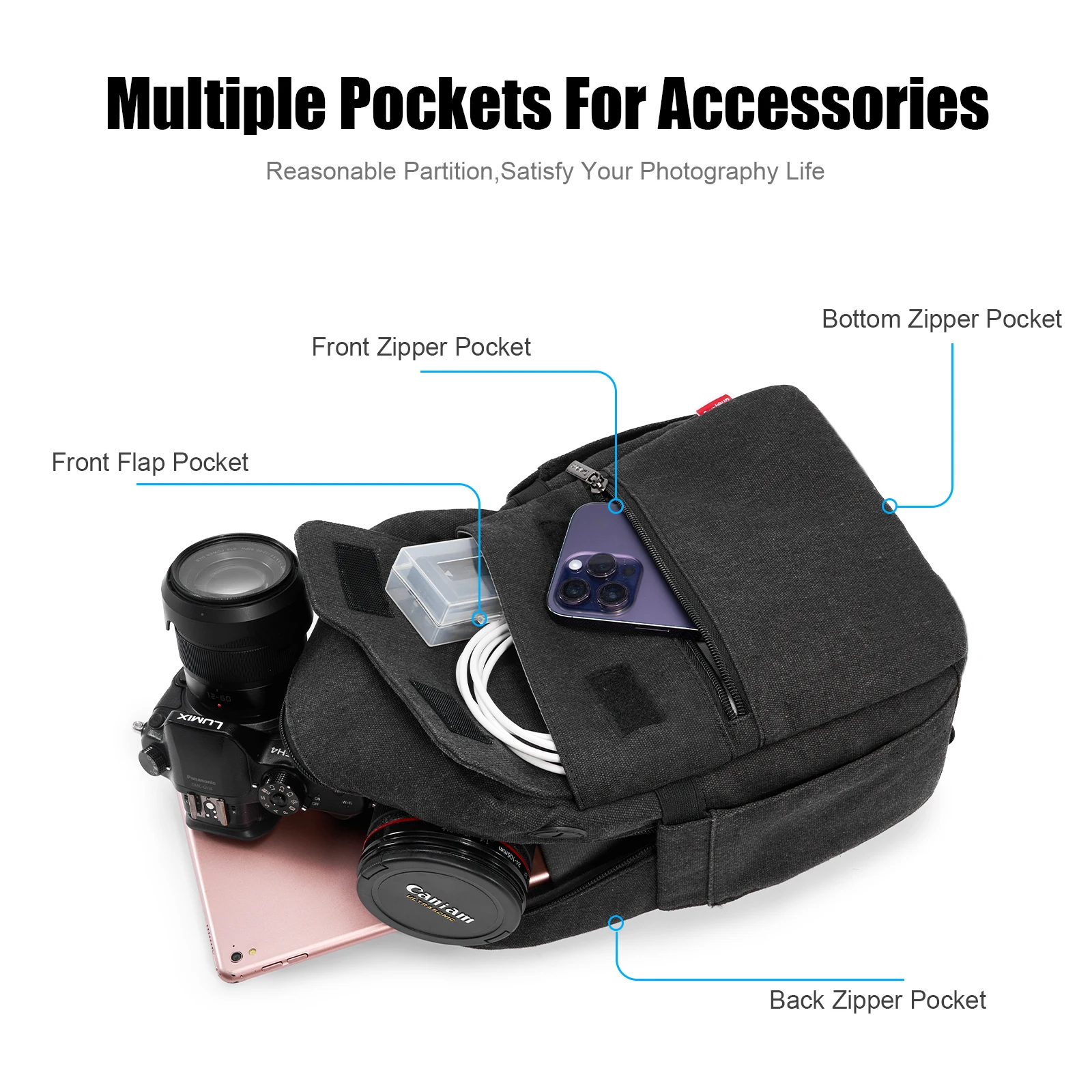 حقيبة حبال الكاميرا حقيبة كاميرا صغيرة قماش مقاوم للماء حقيبة كروس للكاميرا لكانون نيكون سوني DSLR عدسة الكاميرا والملحقات