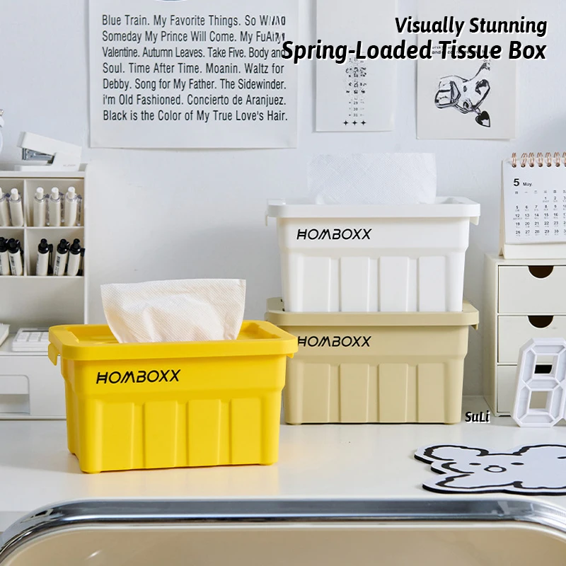 

Spring Loaded Tissue Box Organizer PP Plastic Large Capacity Smooth Pull Wide Opening Decorative Container Style Tissue Holder