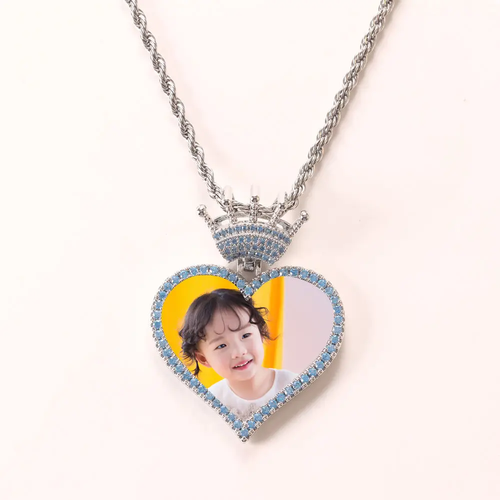 Fashion Hip Hop Heart-Shaped Personalized Custom Photo Pendant Navy Zircon DIY Commemorative Photo Frame Necklace