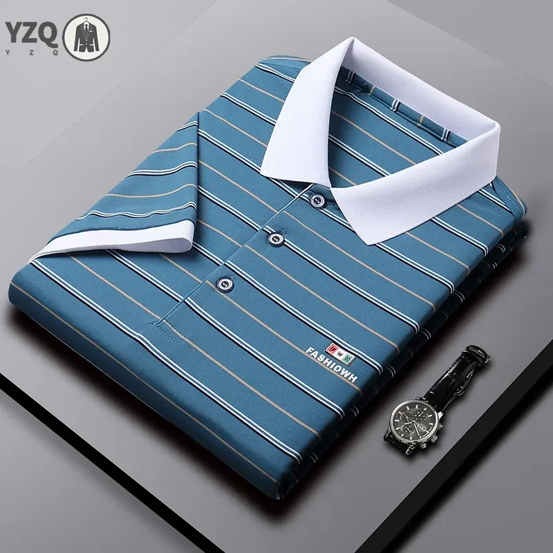 2024 Men's New Striped Cotton Business Casual Short Sleeved POLO Shirt Fashion Short Sleeved Comfortable and Breathable Top