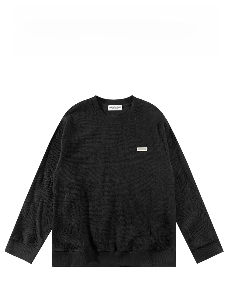 

BAIRBAOLIY2025 Autumn Winter Men's Texture Leather Tag round Neck Sweatshirt Fashionable Couple Match Long Sleeve Casual Top