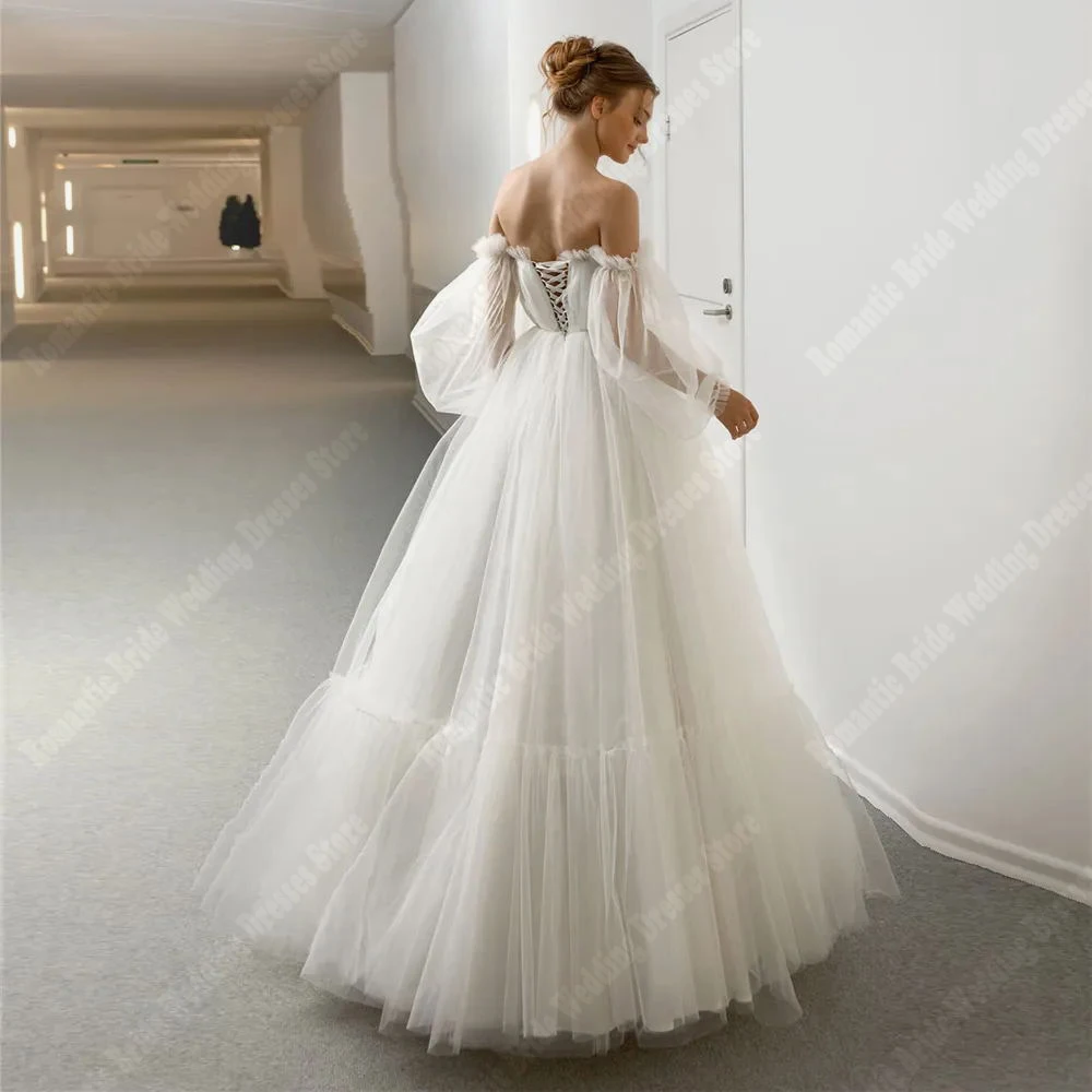 Long Sleeves Tulle Women Wedding Dresses Fluffy Large Skirt Hem Princess Bridal Gowns Beach Party Vestidos De Novias Customized