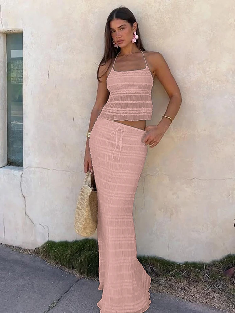 Nibber Mesh 2-delige set dames doorzichtige halter vetersluiting backless crop tops + losse elegante lange rokken vakantie trend outfits