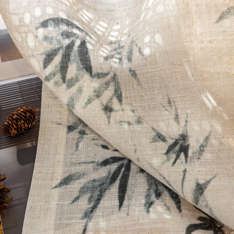 Tulle Sheer Curtain Bamboo Ink Semi-blackout Linen Window Screen Fashion Curtains for Living Dining Room Bedroom Custom Size