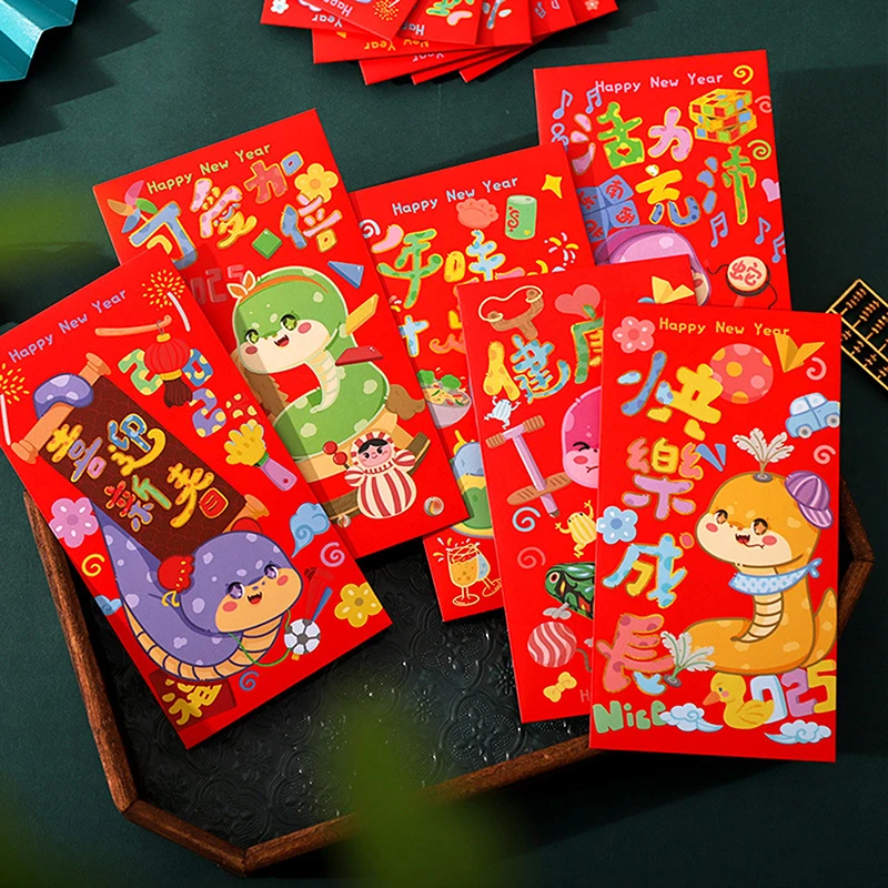 6Pcs Chiński Nowy Rok Hongbao Chiński Festiwal Wiosny Czerwona Koperta Nowy Rok Materiały Śliczny Rok Węża Czerwona Kieszeń