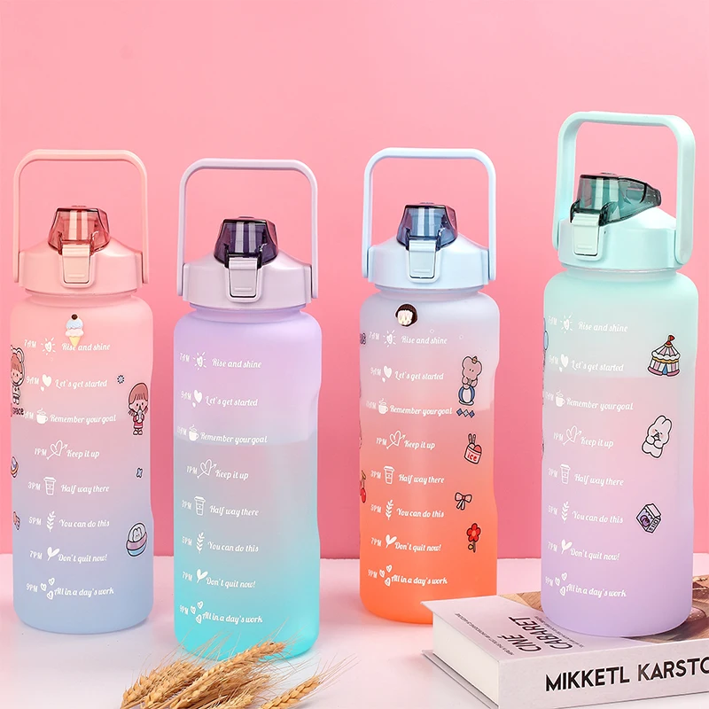 

2L Large Capacity Water Bottle With Time Marker Straw For Girl Sport Portable Drinkaware Reminder To Drink Free Shipping Items