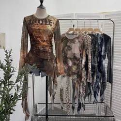 Women Chic Long Sleeve Bottoming Mesh Shirt Sfumato Printed Irregular Ruffled Ribbon Pleated Top Party Essential Streetwear 9998