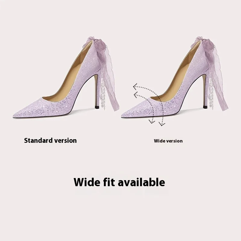 Spring new shallow sequin pearl chain ribbon ribbon single shoes thin high-heeled banquet dress large size small size women shoe