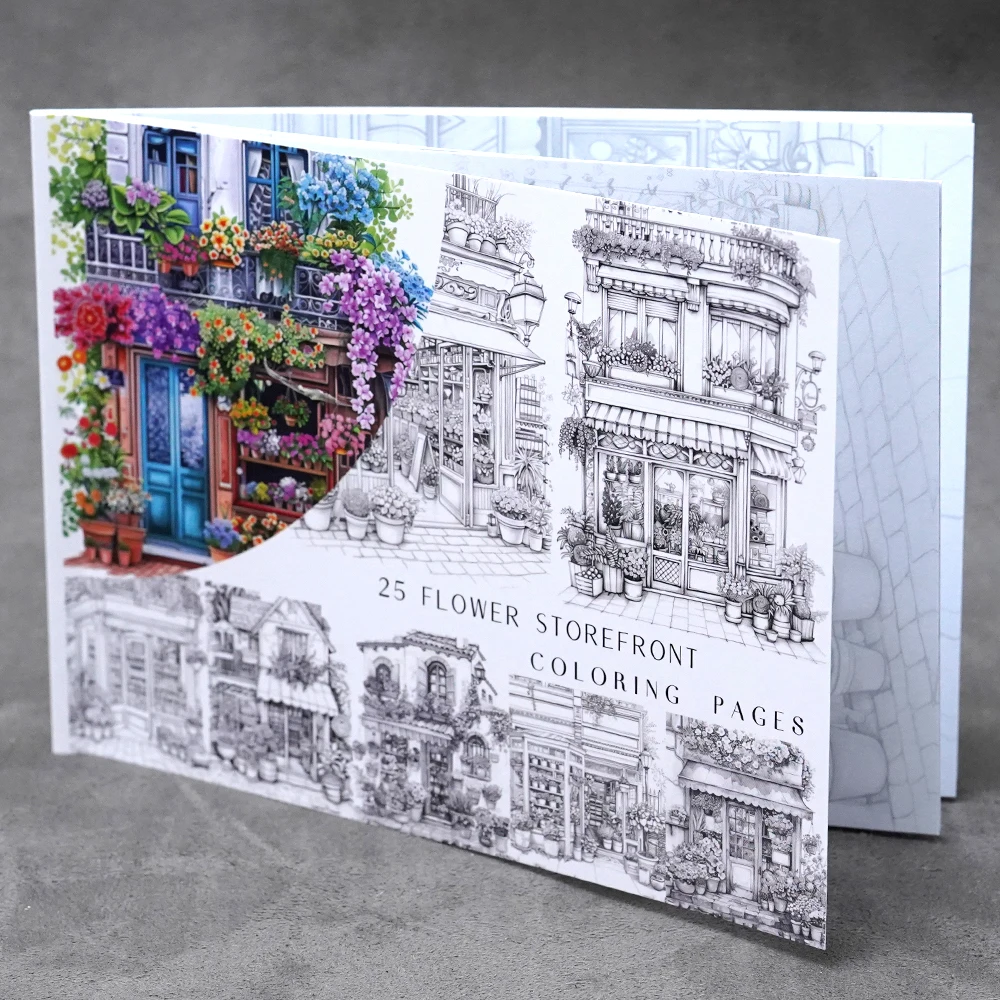25 Flower Storefront Coloring Book Beautiful Floral Shop Scenes Relaxing Coloring Pages Single Sided Printed Coloring Book Gift