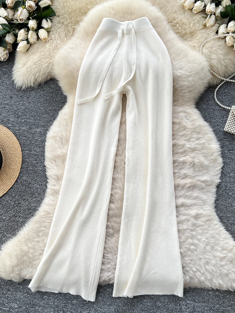 Cozy Knitted High Waist Wide Leg Casual Pants Women's Soft Plump Elastic Waist Floor-Length Trousers Autumn Winter Faion