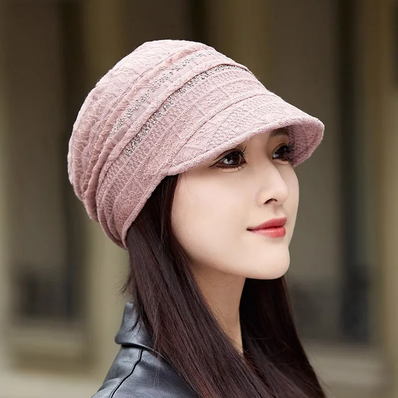 Lace Breathable Short Brim Bonnets for Women Loose Crochet Women Baseball Cap Autumn Winter Foldable Earflap Hats