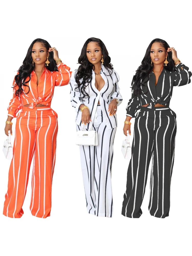 2 Two Piece Set Stripe Print Women Sets Long Sleeve Blouse Tops And Pant Suits Sheath Matching Fashion Outfit Spring Autumn