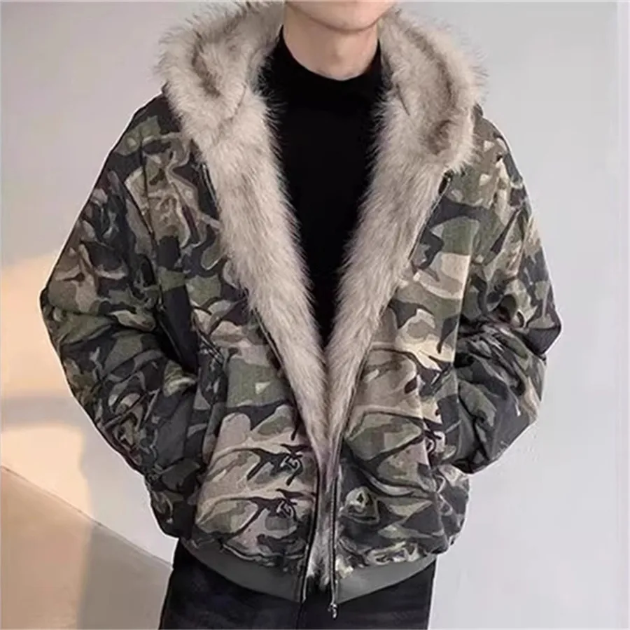 Camo Faux Fur Polyester Hooded Jacket Men Winter Warm Coat Vintage Loose Drawstring Thick Padded Streetwear Windproof Outerwear
