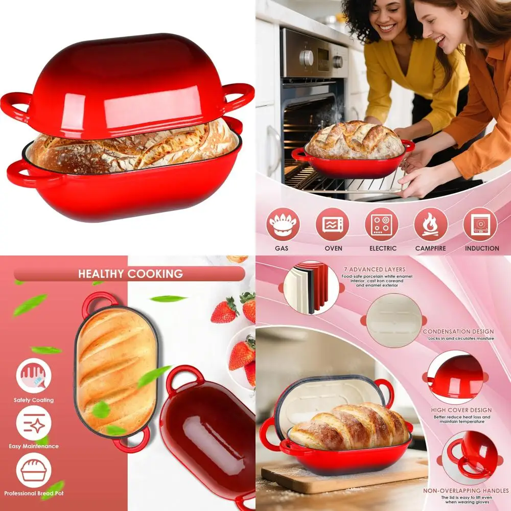 

Non-Stick Oven Safe Dutch Oven Pot for Bread Baking, 2.5qt Enamel Cast Iron, Red, Perfect for Baking Bread and More
