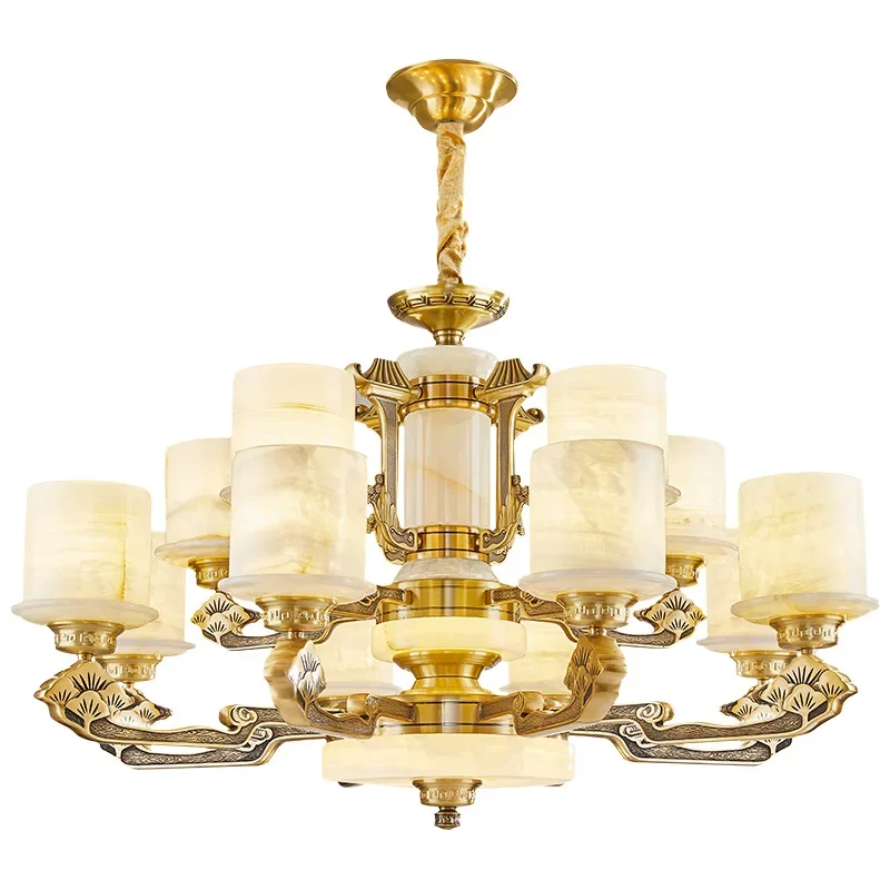 All copper real jade chandelier, sand copper villa atmospheric natural large jade new Chinese chandelier