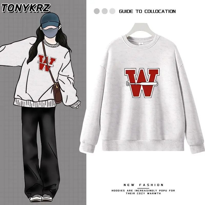 سويت شيرت فضفاض بقلنسوة برقبة دائرية للنساء، سترة علوية جديدة