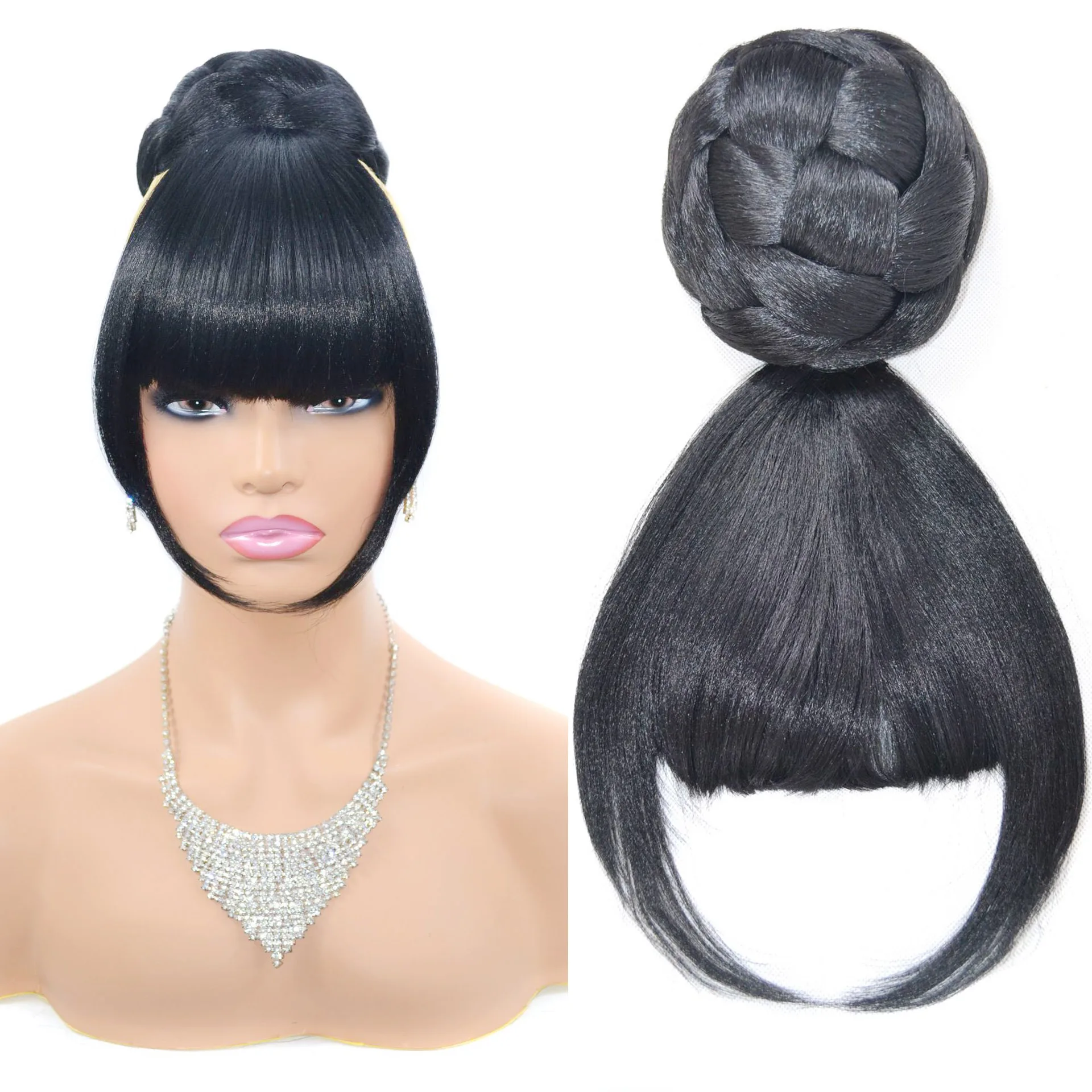 

Jeedou Clip On Hair Bun Spherical Updos Chignon With Bangs Synthetic Hairpieces Black Color For Woman