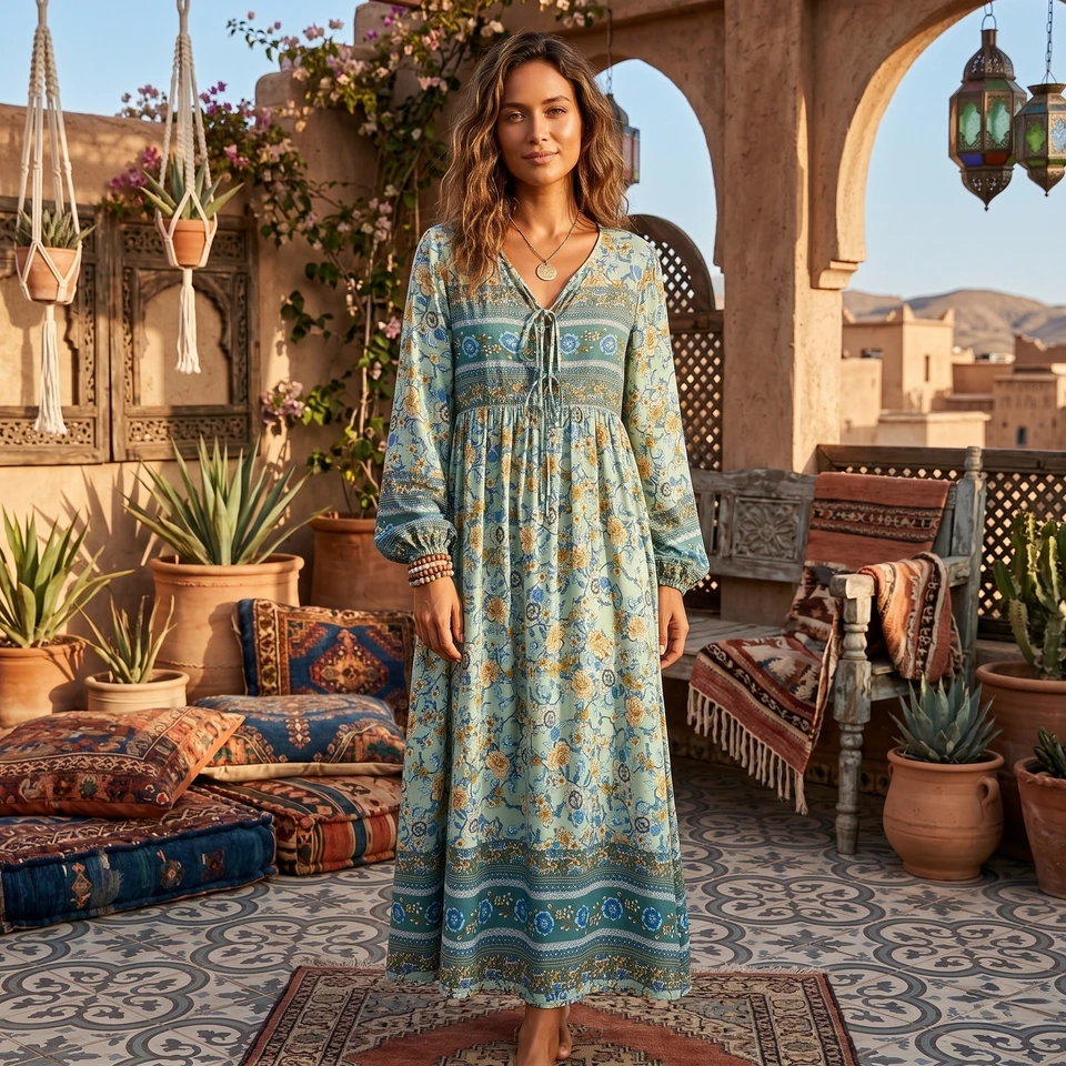 ladies boho dresses Ruffle Detail Tiered Bohemian Dress for Women Above Ankle Length sunset dinners Women's Boho Dresses | Old