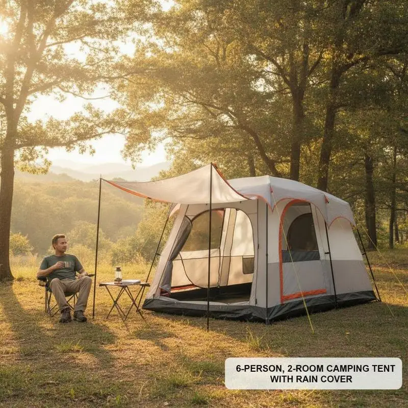 Tente de camping gris clair pour 6 personnes, cloison séparant deux espaces et auvent avant. Double paroi étanche en PU, fenêtres moustiquaires pour aérer et observer les étoiles, arceaux en fibre de verre, livré avec un sac de transport.