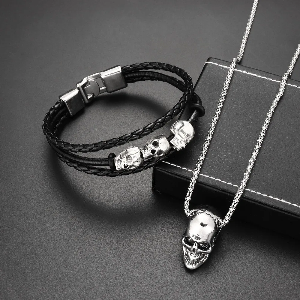 Cool Skeleton Skull Leather Bracelet Men\'s Stainless Steel Punk Rock Gothic Charm Woven Multilayer Bracelet Men\'s Jewelry Gift