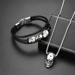 Cool Skeleton Skull Leather Bracelet Men's Stainless Steel Punk Rock Gothic Charm Woven Multilayer Bracelet Men's Jewelry Gift