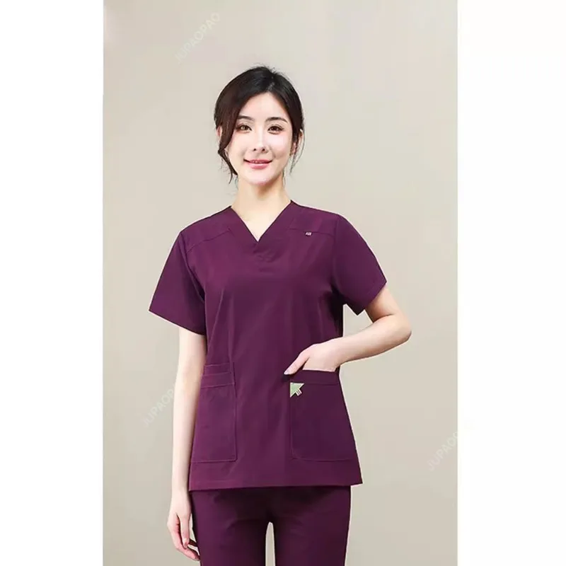 Trajes de trabajo de enfermera con cuello en V, uniforme de fregado para sala de operaciones, conjunto de ropa de trabajo de médico, pantalones superiores, uniformes de Enfermería de Color sólido, mujeres y hombres