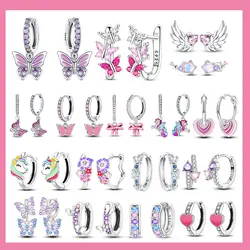 Pink Series 925 Sterling Silver Romantic Flower Butterfly Unicorn Tulip Geometry Earrings Boutique Fine Jewelry Gifts for Women