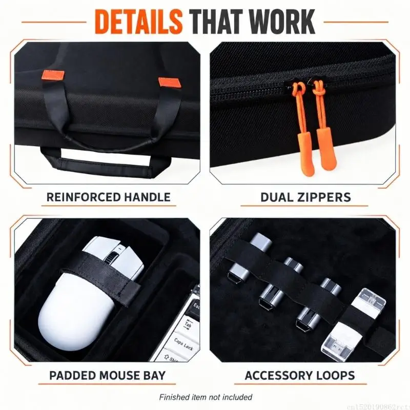 D5BB EVA Computer Keyboard Case Organizers Bag with Mesh Pockets, Elastic Retention Straps, Double-Zippers Closures, and a Rear