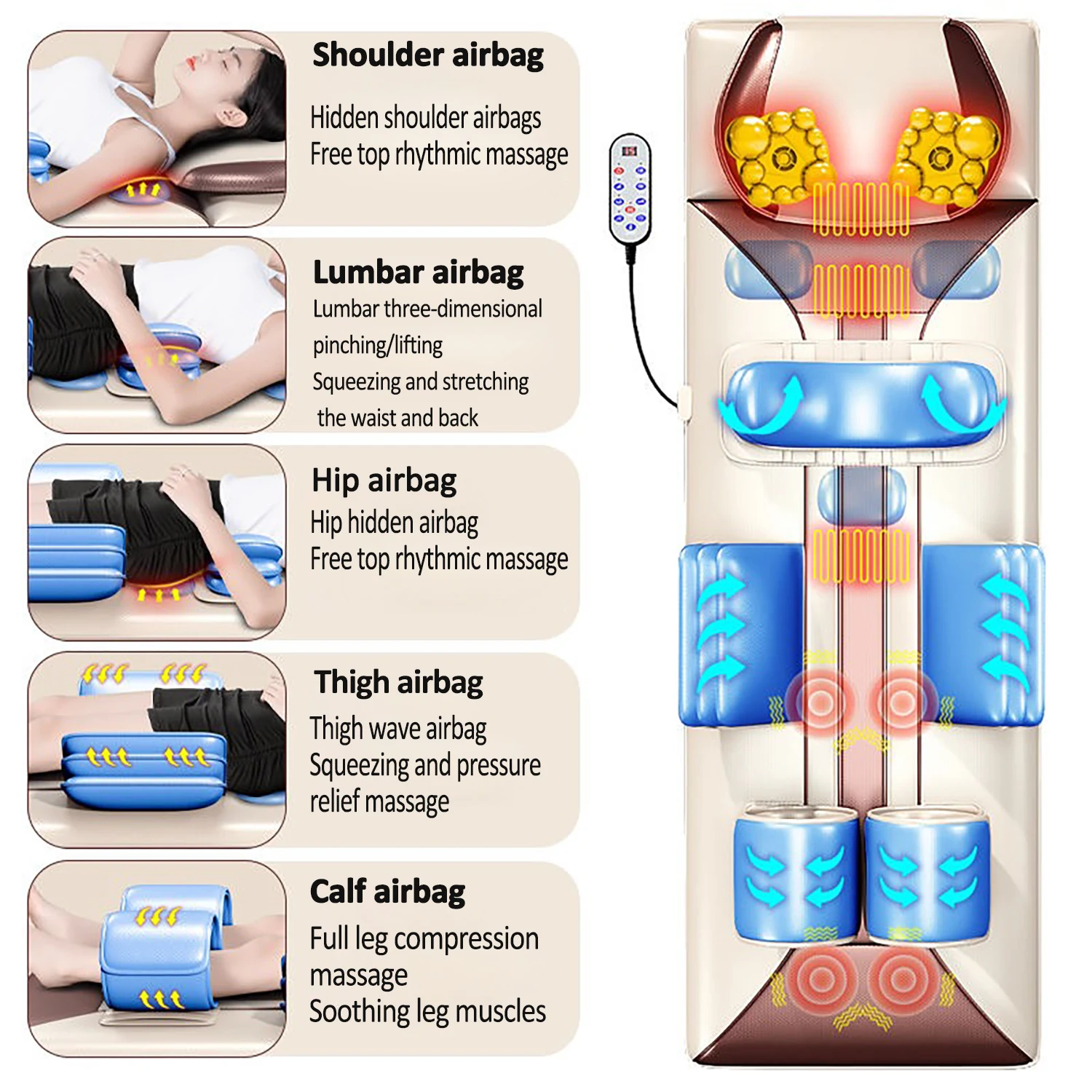 Massage Cushion Portable Airbag Massage Chair Neck Full Body Massager Sofa Pad Heating Lumbar Vibration With Remote Controller
