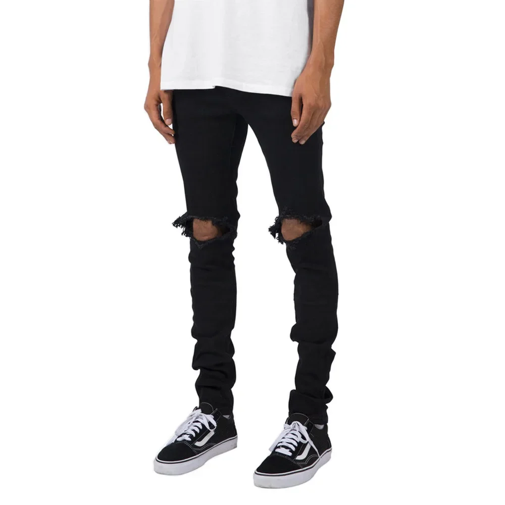 European and American Fashionable Men\'s Pure Color Jeans Personalized High Street Ripped Slim-fit and Stretch Ankle-length Jeans